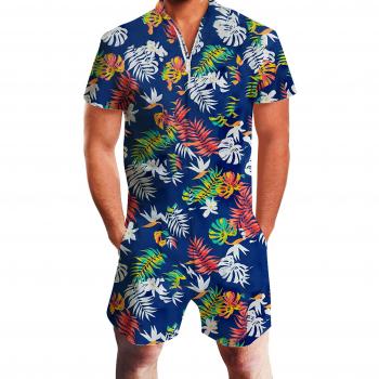 Adicreat Herren Blaues Hawaiian Short-Overall mit kurzem Ärmel
