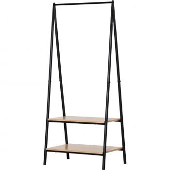 HOMCOM Kledingrek met 2 planken zwart metaal/natuurlijk hout 64 x 42,5 x 149 cm