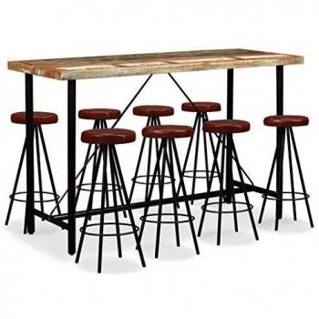 VidaXL Barset 9‑TLG: Altholz‑Stehtisch + Echtleder‑Barhocker