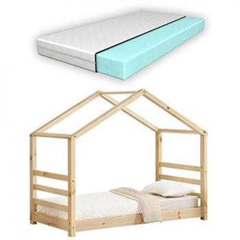 Lettino per Bambini a Forma di Casetta con Materasso Anallergico Oeko-Tex 80 x 160 cm in Legno Naturale