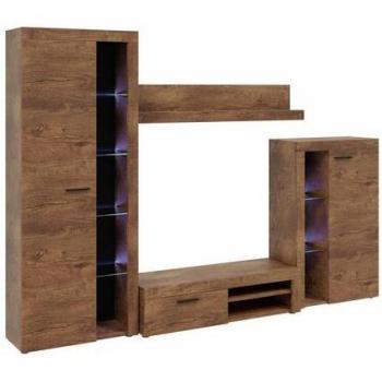 Alvor TV‑Lowboard‑Wohnwand – 4‑teilige LED‑Vitrine in Eiche Lefkas
