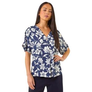 Petite Navy Floral Print Buttoned Top for Women (Size 14)