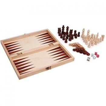Schach, Dame und Backgammon im Holzkoffer