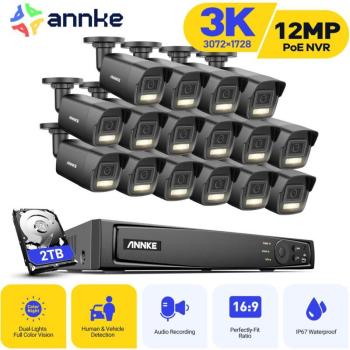 Kit Esterno Cablato 3K: NVR 16CH + 16x5MP PoE, Visione Notturna Colorata