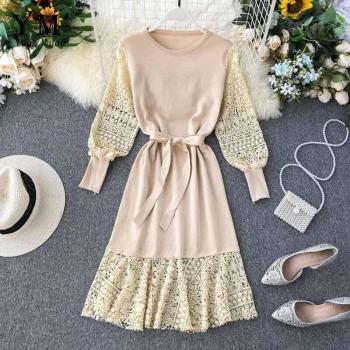 Vestido de Encaje Rosa con Manga Larga y Ganchillo para Otoño Invierno, Fajas Tipo Bandage, Vestido de Señora