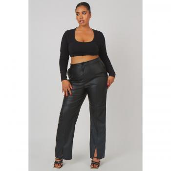 Curve PU Seam Front Split Detail Trousers Black UK 22