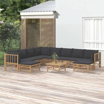 Salon de jardin en bambou 11 pièces avec coussins gris foncé