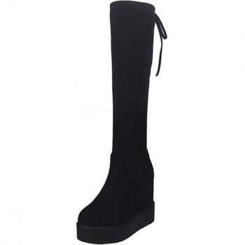 Bottes de ville dames, compensées, hautes, talons épais, lacets, plate-forme, hiver, daim, genou