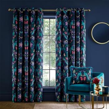 Catherine Lansfield Mya Tropical Floral Eyelet Curtains Navy
