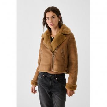 Giacca corta biker con pelliccia sintetica Cammello scuro S