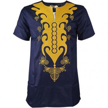 Camiseta Africana para Hombre, Dashiki con Bordados, Manga Corta, Azul Oscuro y Dorado