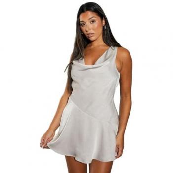 Crinkle Satin Cowl Neck Open Back Mini Dress