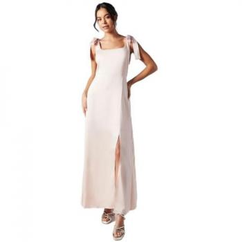Satin Tie Shoulder Midi Dress in Blush for Bridesmaids