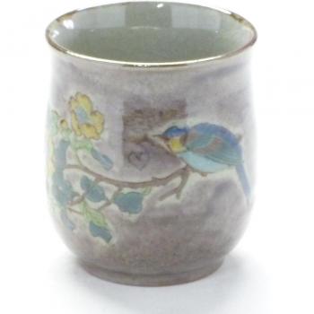 Elegante Kutani Teetasse mit Pflaume und Vogel in Violett