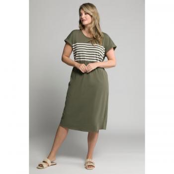 Ulla Popken Abito Midi Verde con Righe – Sc. Girocollo, 60/62