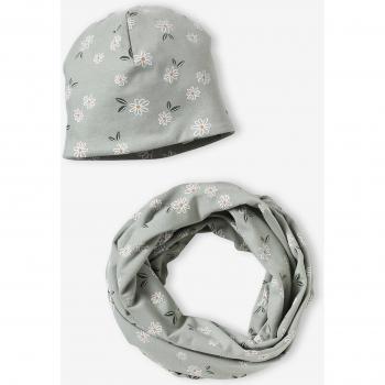 Girls' Grey Green Floral Beanie & Scarf Duo 12/14Y