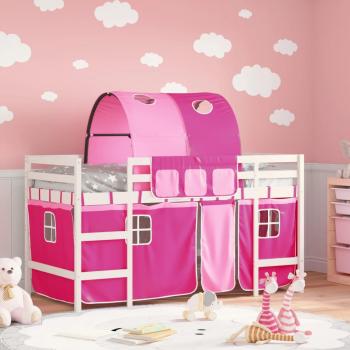 Cama alta rosa para niños con túnel de pino 80x200 cm