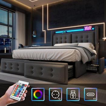 Letto Matrimoniale Metallo 180x200 con Testiera Illuminata LED e Rete a Doghe in Legno