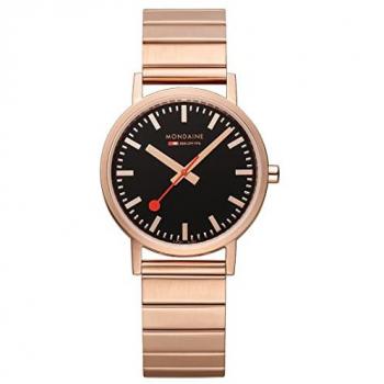 Mondaine Classic 36 mm Unisex Black/Brushed Stainless Steel Rose‑Gold Plated Watch