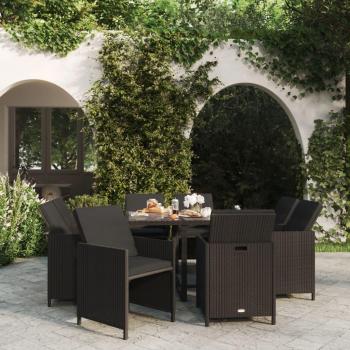 Set Almuerzo Exterior 9 PCs con Almohadillas Negras en Polyrattan