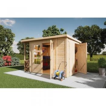 Karibu Gartenhaus 19 mm Multi mit Schrank und Anbaudach naturbelassen inkl. Fußboden & Dacheindeckung