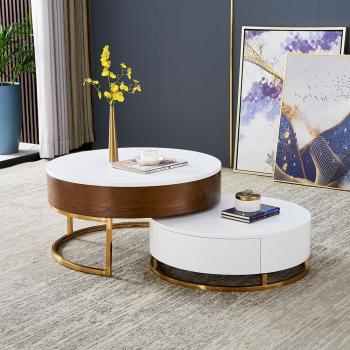 Wooden Round Lift-Top Coffee Table with Dual Drawers