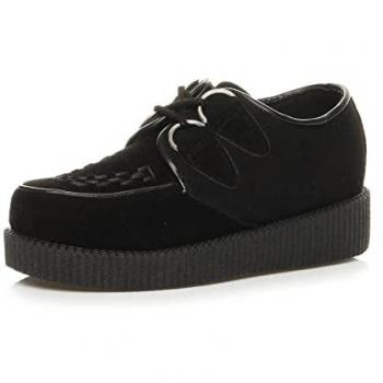 Low Wedge Heel Brothel Creepers Faux Suede Lace-Up Shoes – Black, Women’s Size 3