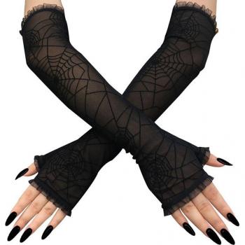 Black Lace Half Finger Gloves with Spider Web Design