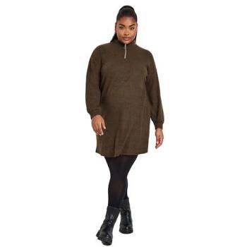 Curved‑Fit Brown Zip‑Neck Dress