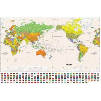 150x225cm Non-woven Global Map with Major Cities and National Flags