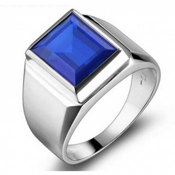 Handcrafted Silver Color Men's Wedding Band with 8ct Blue CZ