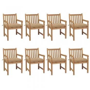 Set de 8 chaises de jardin VidaXL, coussins beige, structure bois teck durable