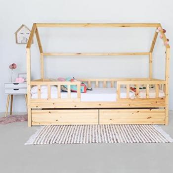 Lit cabane MueMue en pin avec tiroirs intégrés 90x190cm Beige