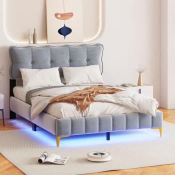 Lit Redom double capitonné 140x200 cm gris velours, pied métal haut, éclairage LED et prise USB avec dossier