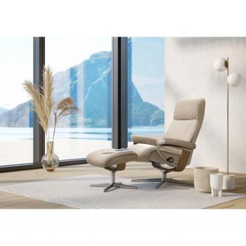 Hochwertiges Stressless View Set – Relaxsessel + Hocker, Cross‑Base, S–M–L, Eichenholz‑Akzent