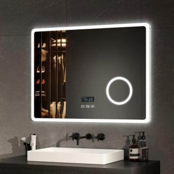 EMKE Badspiegel LED 3×Vergrößerung, Touch‑Kontrolle, 3 Lichtfarben, dimmbar, Bluetooth + Uhr – Beschlagfrei, IP44