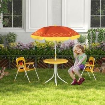 Set de jardín para niños con temática de león, incluye mesa y 2 sillas plegables y sombrilla ajustable en altura