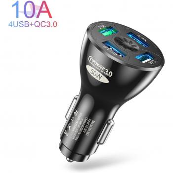 4-Port USB Car Charging Adapter 50W 10A for iPhone 11, Xiaomi, Huawei, Samsung