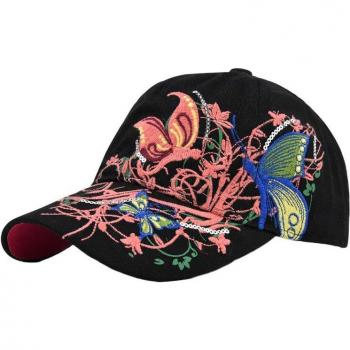 Embroidered Women’s Baseball Cap with Floral and Butterfly Motif