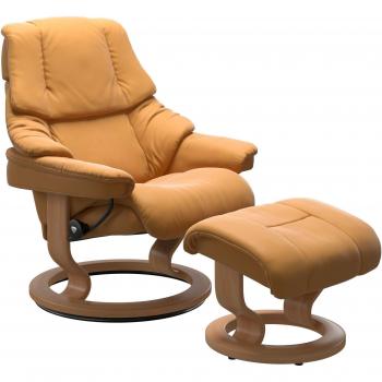 Relaxsessel „Reno“ Set: Hocker + Classic Base, Eiche, 3 Größen, gelbe Honey-Optik