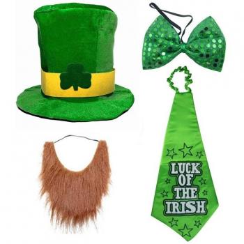 Coffret Saint‑Patrick Shamrock Chapeau Vert Nœud Papillon Barbe Florale