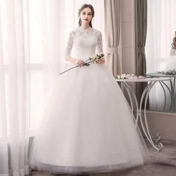 Chic White Inexpensive Half Sleeve High Neck Lace Appliques Ball Gown Wedding Dress