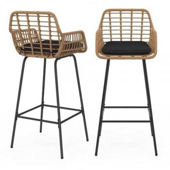 Paquet de deux tabourets de bar SUMMER à accoudoirs effet rattan beige, pieds noirs
