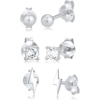 Set di orecchini pendenti a perno a sfera con fulmini incastonati, argento sterling 925, 3 unità