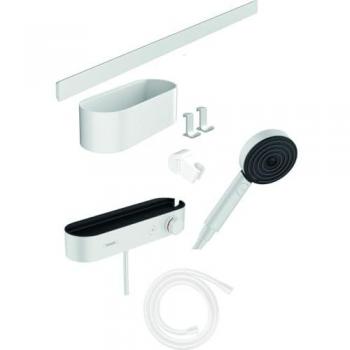 Hansgrohe WallStoris Bundle Komplett-Set Duschkopf 105 3 Strahlarten wassersparend Activation, Thermostat, Duschstange 70 cm und Accessoireset , 24250, Farbe: weiss matt