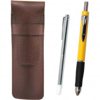 Grain‑Textured Chocolate Cowhide Pencil Case with Triangular Metal Pointer and 3‑Piece Rubber Mechanical Set – Yellow (SASTYO‑701S‑TR3M‑Y‑2)