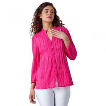 Pink Embroidered Crinkle Cotton V-Neck Blouse