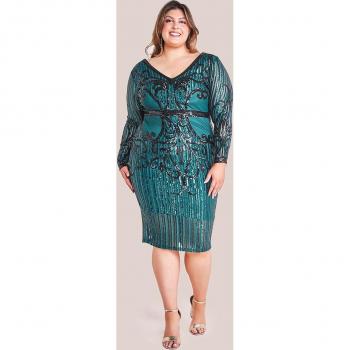 Sequin Mesh V Neck Midi
