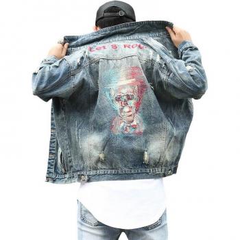 Men's Frayed Hole Skull Denim Jacket