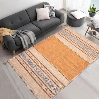 Tapis Kilim Ethnique Tissé Main en Coton Marron 200x290 cm